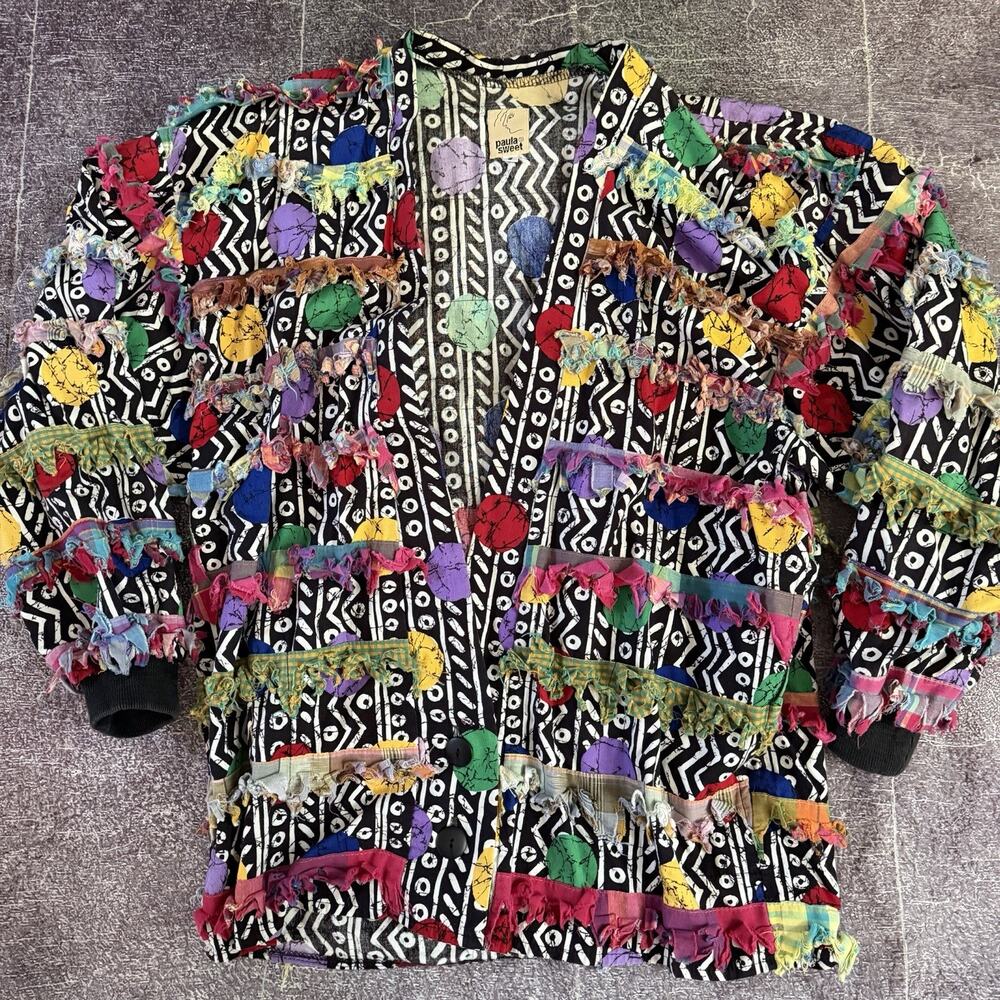 Women's Vintage 90's Pula Sweet USA Cotton Fringe Rainbow Bomber Jacket Sz Small